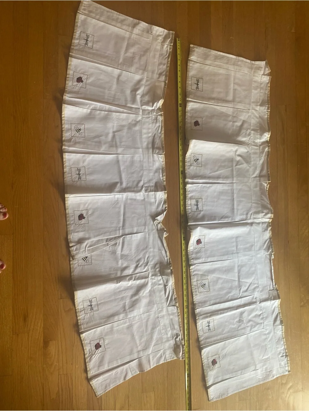 2 Hand Embroidered Cotton Valances Ladybug Bee Dragonfly Farmhouse Cottage